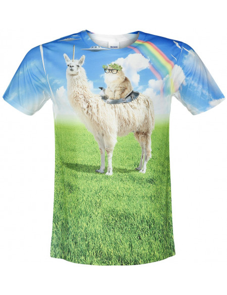 Goodie Two Sleeves Chat Victorieux Chevauchant Un Lamacorne Sans Rênes T-shirt multicolore